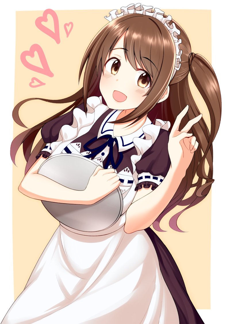 1girl apron bangs black_dress blue_ribbon blush brown_eyes brown_hair commentary_request dress frills h3po4_chiba hand_gesture hand_up heart idolmaster idolmaster_cinderella_girls long_hair maid_headdress one_side_up open_clothes puffy_short_sleeves puffy_sleeves ribbon shimamura_uzuki short_sleeves side_ponytail smile solo swept_bangs tray v white_border yellow_background