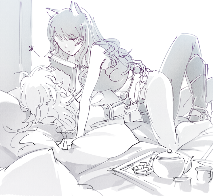 arms_around_waist bed blake_belladonna blocking_kiss imminent_kiss pillow prosthesis prosthetic_arm rwby rwby_fanartnest tank_top teapot yang_xiao_long yuri