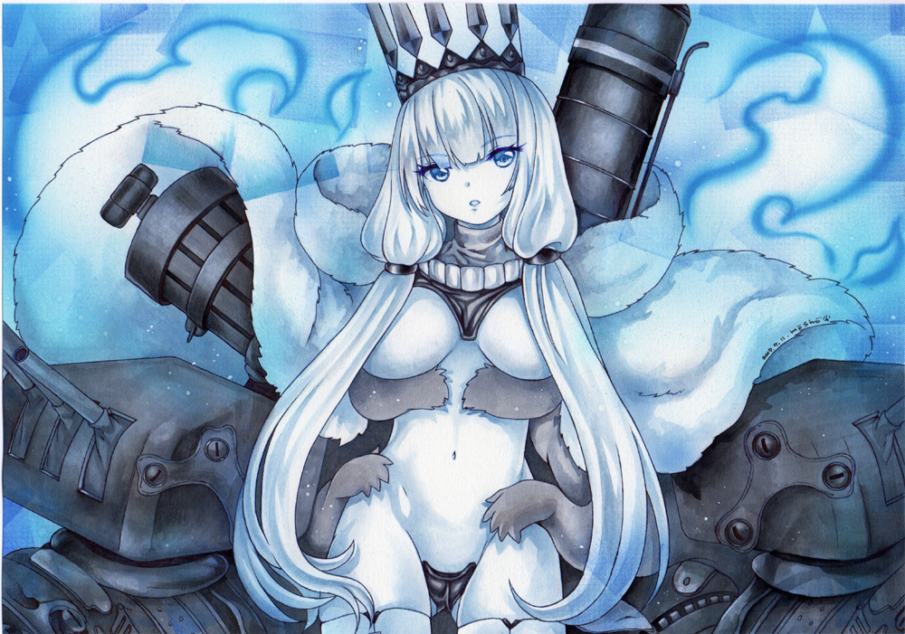 1girl armor blue_background blue_eyes blue_fire breasts cannon crown fire hat kantai_collection large_breasts long_hair looking_at_viewer mosho no_bra northern_water_hime panties ponytail remodel_(kantai_collection) scar scar_on_cheek silver_hair solo turret underwear undressing very_long_hair weapon wool wool_dress