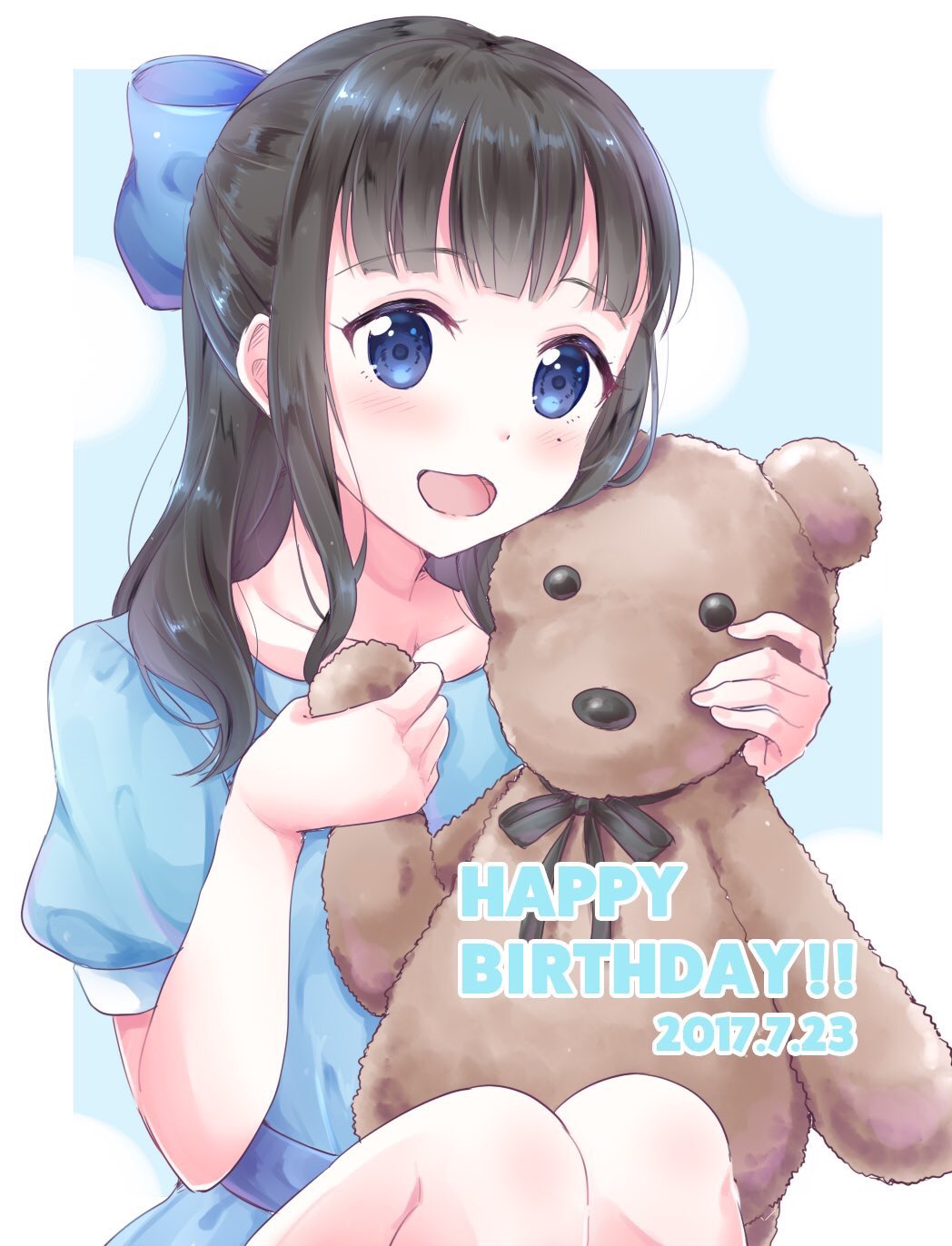 1girl :d bangs black_hair blue_bow blue_dress blue_eyes blush bow commentary_request dated dress hair_bow half_updo happy_birthday highres holding holding_stuffed_animal long_hair looking_at_viewer mole mole_under_eye open_mouth pipette_(artist) real_life smile solo stuffed_animal stuffed_toy suzuki_aina_(seiyuu) teddy_bear