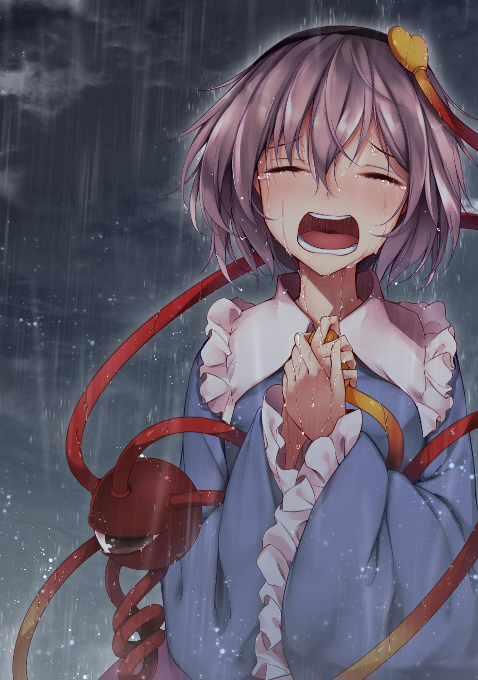 1girl bangs blue_shirt closed_eyes clouds crying hairband heart highres komeiji_satori long_sleeves midori_(misuriru8) open_mouth pink_skirt purple_hair rain shirt skirt solo teeth third_eye touhou upper_body wet wide_sleeves