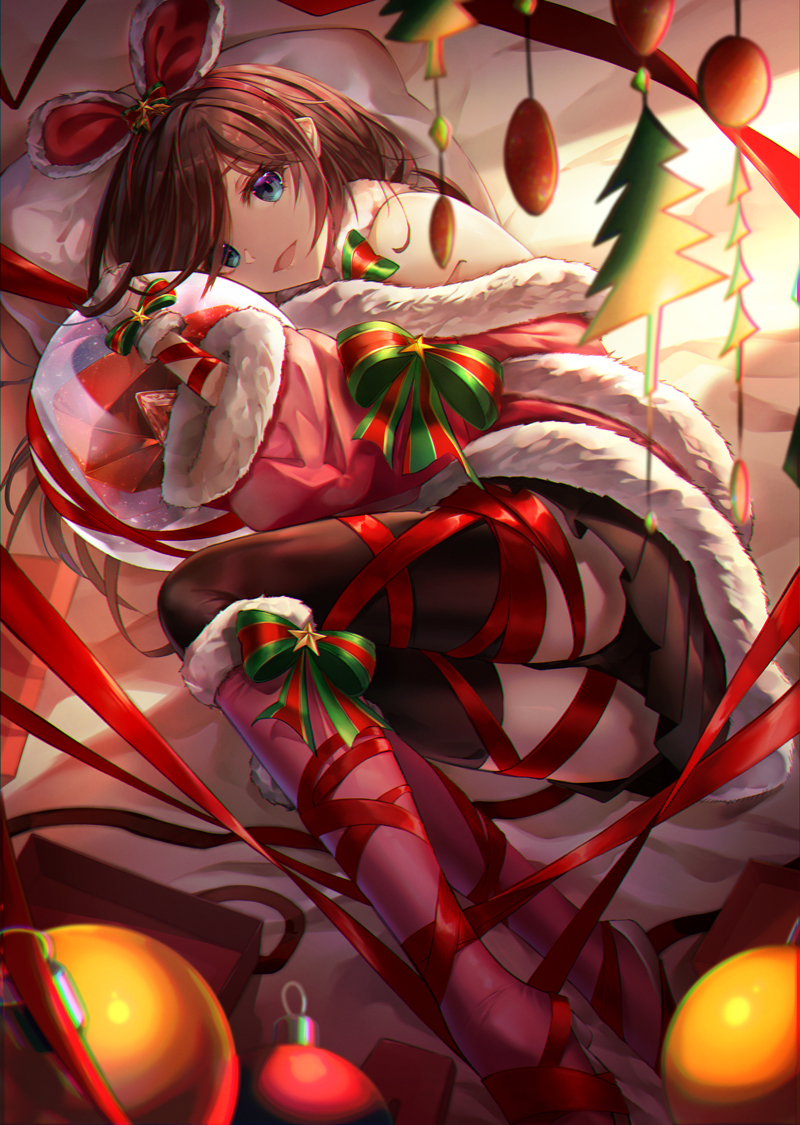 1girl a.i._channel bangs black_legwear black_panties blue_eyes blush boots bound bow breasts brown_hair brown_skirt christmas_ornaments eyebrows_visible_through_hair fur_trim gift gloves hairband holding kizuna_ai knee_boots leg_ribbon limit_x long_hair looking_at_viewer lying multicolored_hair on_side open_mouth panties pink_hair pleated_skirt red_footwear red_hairband ribbon santa_costume skirt smile solo streaked_hair thigh-highs underwear virtual_youtuber