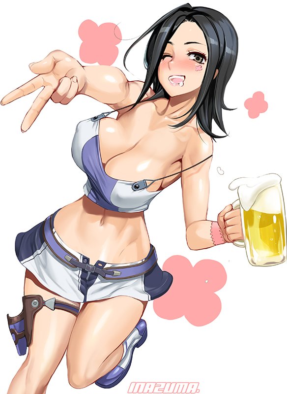 1girl alcohol beer black_hair blush bouncing_breasts breasts collarbone crop_top cup drinking_glass drooling drunk erect_nipples eureka_seven eureka_seven_(series) eyebrows_visible_through_hair grey_eyes large_breasts looking_at_viewer midriff navel no_bra one_eye_closed open_mouth outstretched_arms satou_shouji shiny shiny_hair shiny_skin shoes short_hair simple_background skirt solo standing standing_on_one_leg strap_slip talho_yuuki tattoo thigh_strap white_background