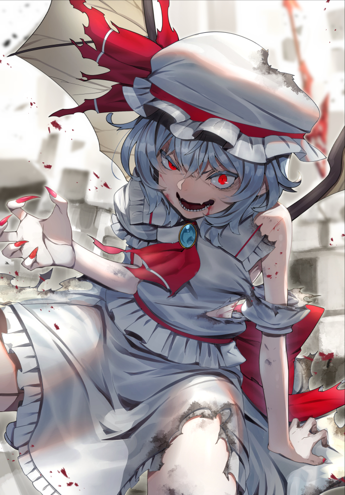 1girl ascot bat_wings blue_hair brooch fingernails hat hat_ribbon jewelry looking_at_viewer mob_cap nail_polish open_mouth puffy_short_sleeves puffy_sleeves red_eyes red_nails red_ribbon remilia_scarlet ribbon sharp_fingernails sharp_teeth shirt short_sleeves skirt skirt_set smile solo sukocchi teeth torn_clothes torn_shirt torn_skirt touhou white_hat wings