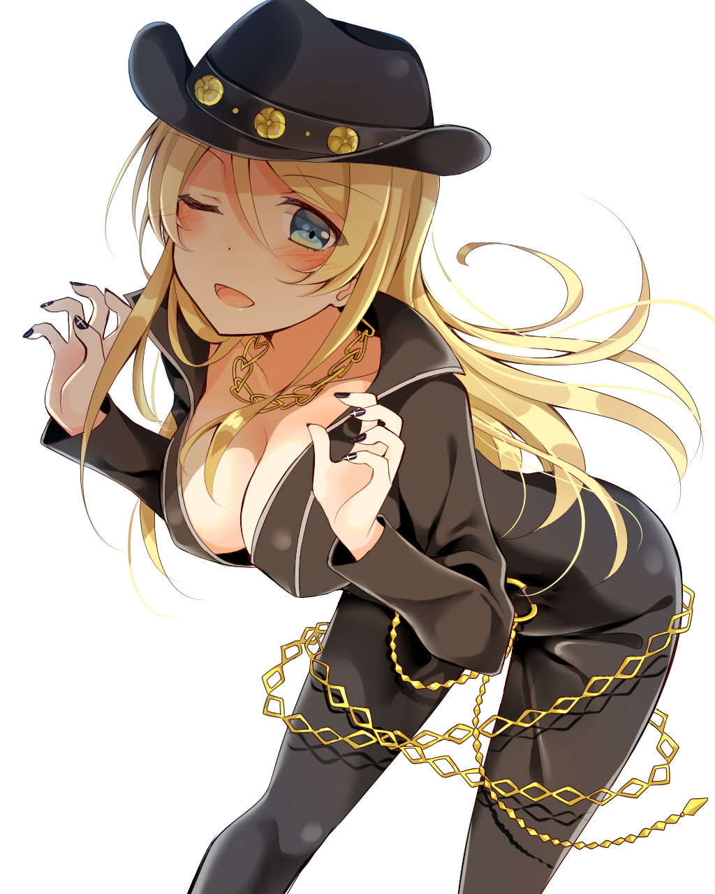 1girl ;d ayase_eli bent_over black_bodysuit black_hat black_nails blonde_hair blue_eyes blush bodysuit breasts chains claw_pose cowboy_hat diamond_princess_no_yuuutsu gold_chain gold_necklace hair_down hat highres jewelry large_breasts leaning_forward long_hair long_sleeves love_live! love_live!_school_idol_project mogu_(au1127) nail_polish necklace one_eye_closed open_mouth simple_background smile solo white_background