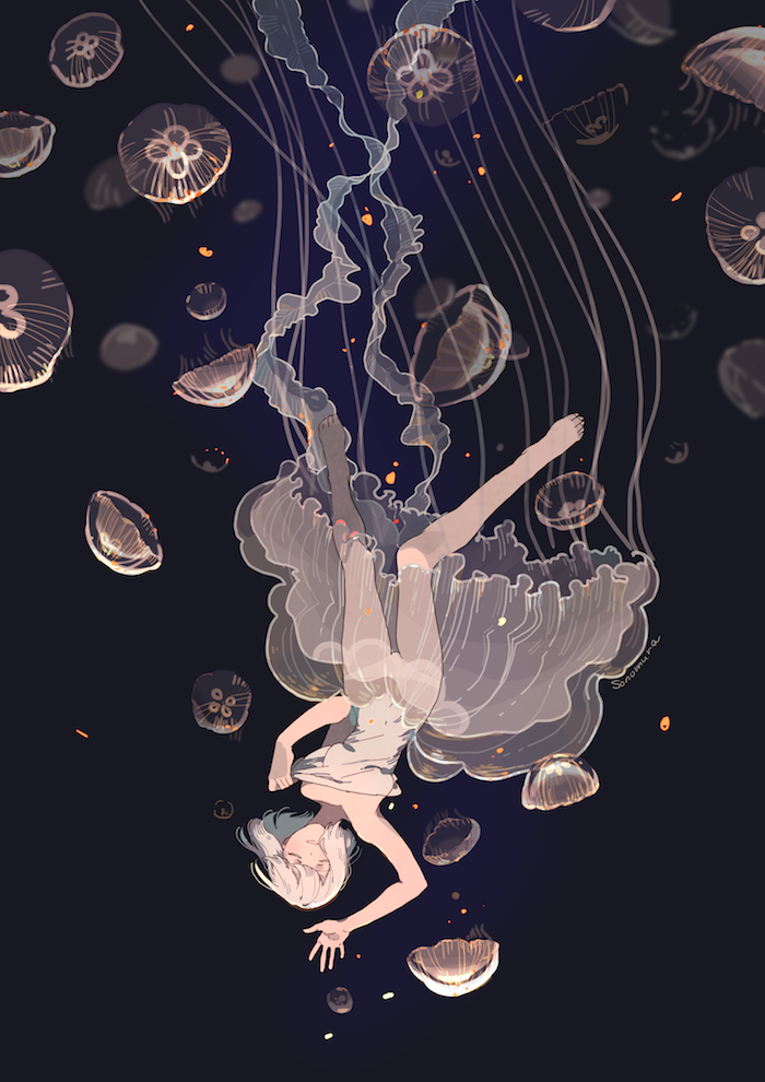 1girl bangs bare_arms bare_legs bare_shoulders barefoot closed_eyes commentary_request dress dress_lift facing_viewer falling jellyfish original panties parted_lips purple_background see-through short_hair solo sonomura sparks underwear upside-down white_dress white_hair white_panties