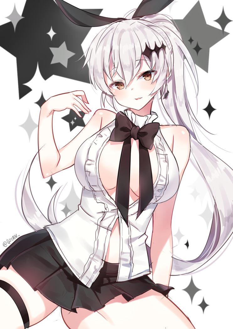 1girl artist_name bare_shoulders blush bow breasts brown_eyes cleavage five-seven_(girls_frontline) girls_frontline hair_between_eyes hair_ornament jewriel large_breasts long_hair looking_at_viewer open_clothes open_shirt parted_lips ponytail shirt silver_hair skirt smile solo twitter_username