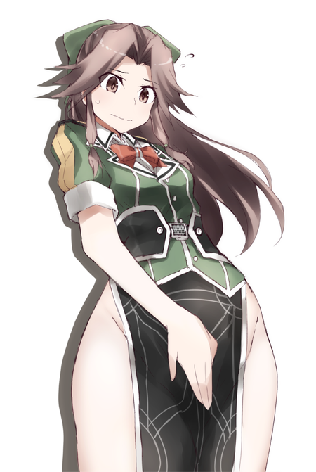 1girl black_skirt bow bowtie brown_eyes brown_hair buttons closed_mouth cosplay cowboy_shot eyebrows eyebrows_visible_through_hair eyes_visible_through_hair facing_away floating_hair flying_sweatdrops green_bow green_shirt groin hair_bow hair_intakes hip_vent jintsuu_(kantai_collection) kantai_collection light_frown long_hair looking_away looking_down no_panties puffy_short_sleeves puffy_sleeves red_bow red_neckwear sash shirt short_sleeves side_slit sidelocks silhouette silver_background simple_background skirt solo souji standing sweatdrop tone_(kantai_collection) tone_(kantai_collection)_(cosplay)