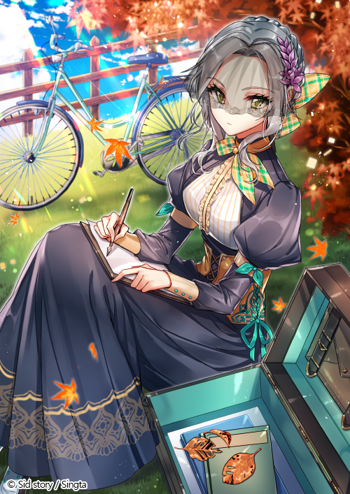 1girl autumn bicycle book dress green_eyes ground_vehicle interitio leaf looking_at_viewer maple_leaf purple_dress sid_story silver_hair sitting solo sunlight veil veil_over_eyes writing