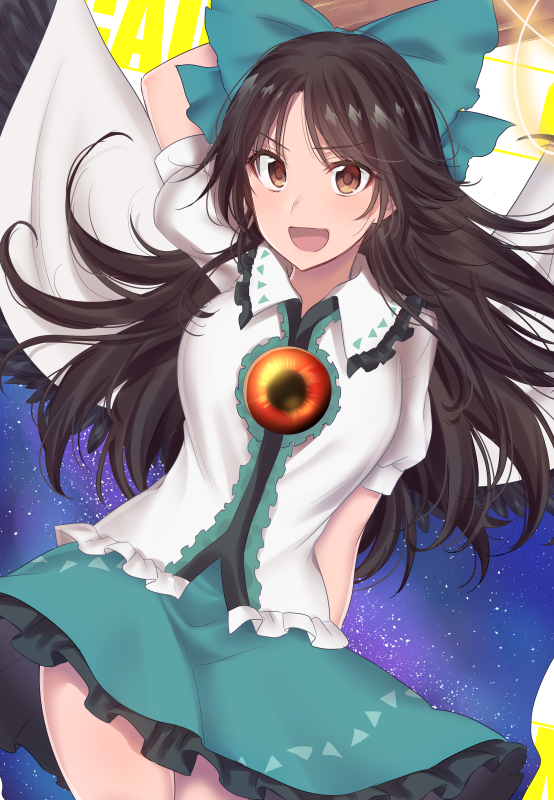 &gt;:d 1girl :d arm_cannon asa_(coco) bird_wings black_hair black_wings blush bow brown_eyes cape cowboy_shot green_bow green_skirt hair_bow long_hair looking_at_viewer open_mouth puffy_short_sleeves puffy_sleeves reiuji_utsuho shirt short_sleeves skirt smile solo third_eye touhou weapon white_shirt wings