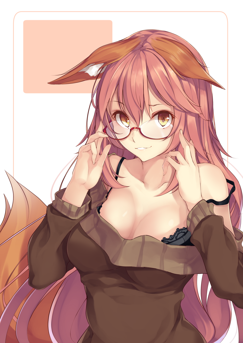 1girl animal_ears bangs black_bra bra breasts brown_sweater collarbone eyebrows_visible_through_hair fate/extra fate_(series) fox_ears fox_girl fox_tail hair_between_eyes hair_down hands_up highres karakura lace lace-trimmed_bra large_breasts long_hair looking_at_viewer off-shoulder_sweater off_shoulder parted_lips pink_hair red-framed_eyewear sidelocks smile solo strap_slip sweater tail tamamo_(fate)_(all) tamamo_no_mae_(fate) under-rim_eyewear underwear upper_body yellow_eyes