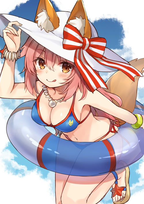 1girl :q adjusting_headwear animal_ears bangle bangs bent_over bikini blush bracelet breasts brown_eyes cleavage ears_through_headwear eyebrows_visible_through_hair fate/extra fate_(series) fox_ears fox_tail hair_between_eyes hair_down hat hat_ribbon innertube jewelry leaning_forward leg_lift long_hair looking_at_viewer medium_breasts midriff nagisa3710 necklace no_socks pink_hair ribbon sandals smile solo striped striped_ribbon sun_hat swimsuit tail tamamo_(fate)_(all) tamamo_no_mae_(swimsuit_lancer)_(fate) tongue tongue_out white_hat