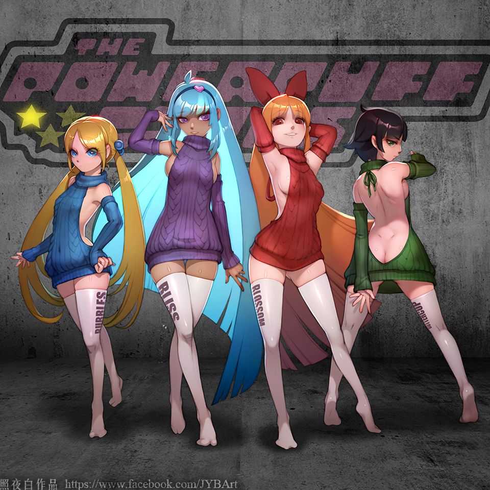 4girls aqua_hair armpits arms_behind_head arms_up ass back black_hair bliss_(ppg) blonde_hair blossom_(ppg) blue_eyes breasts brown_hair bubbles_(ppg) butt_crack buttercup_(ppg) cleavage dark_skin detached_sleeves flat_chest gluteal_fold green_eyes hairband long_hair looking_at_viewer medium_breasts meme_attire multiple_girls powerpuff_girls red_eyes shiny shiny_skin short_hair sideboob smile thigh-highs twintails very_long_hair violet_eyes virgin_killer_outfit virgin_killer_sweater zhaoyebai