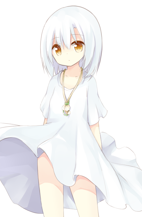 1girl arms_at_sides bangs closed_mouth collarbone cowboy_shot dress dress_lift hair_between_eyes head_tilt jewelry looking_at_viewer orange_eyes original pendant short_sleeves silver_hair simple_background solo standing white_background white_dress wind wind_lift yuuhagi_(amaretto-no-natsu)