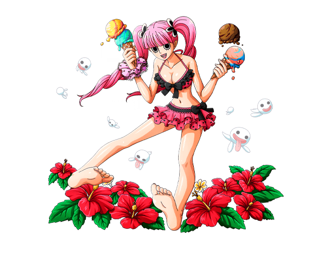 1girl :d barefoot bikini bikini_skirt black_eyes bodskih breasts cleavage feet floating_hair flower food frilled_bikini frills full_body ghost hair_ornament hibiscus holding holding_food ice_cream large_breasts lipstick long_hair makeup navel one_piece open_mouth perona pink_hair polka_dot polka_dot_bikini red_bikini red_flower red_lips shiny shiny_skin smile soles solo swimsuit toes transparent_background twintails wrist_cuffs