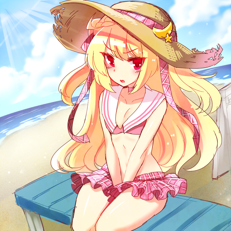 1girl azur_lane beach bench bikini blush breasts clouds collarbone crescent crescent_(azur_lane) crescent_hair_ornament hair_ornament hat long_hair looking_at_viewer ocean open_mouth red_eyes sitting sky small_breasts solo straw_hat swimsuit tanpopo_hayabusa-maru