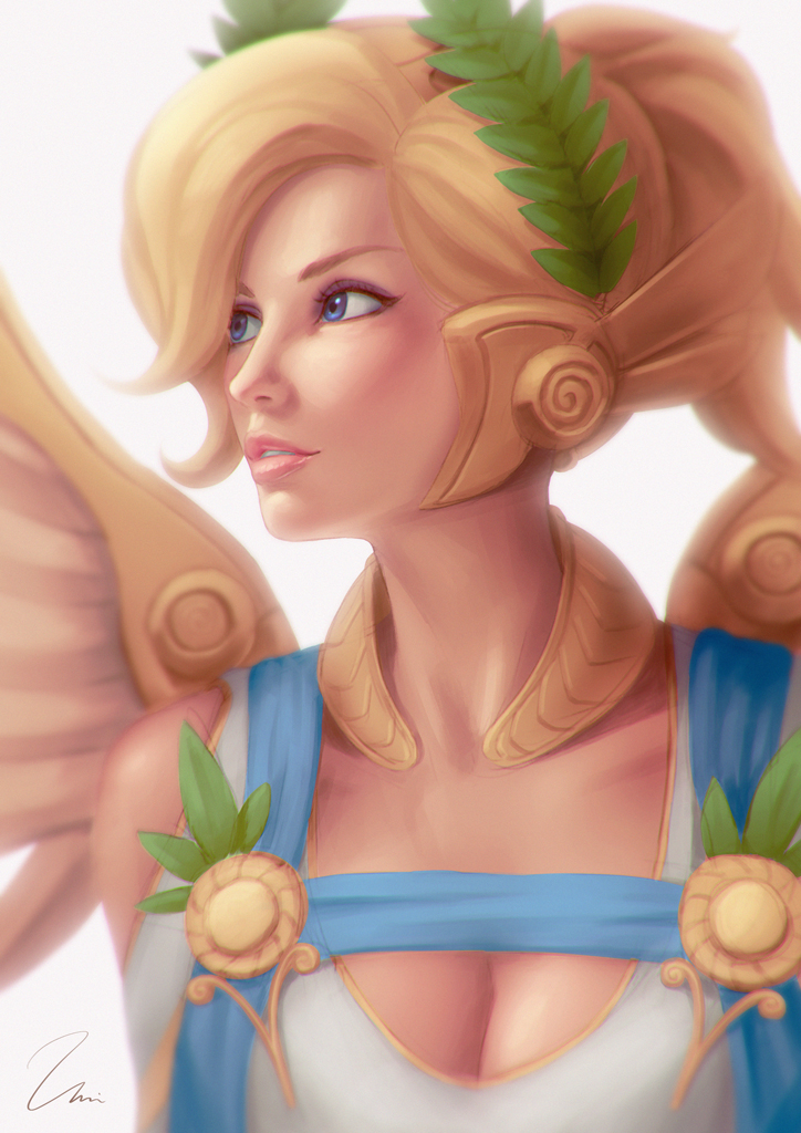 1girl alternate_costume artist_name blonde_hair blue_eyes breasts cleavage collarbone dress head_wreath high_ponytail laurel_crown lips looking_to_the_side medium_breasts mercy_(overwatch) nose overwatch parted_lips portrait signature simple_background smile solo toga umigraphics white_background white_dress winged_victory_mercy