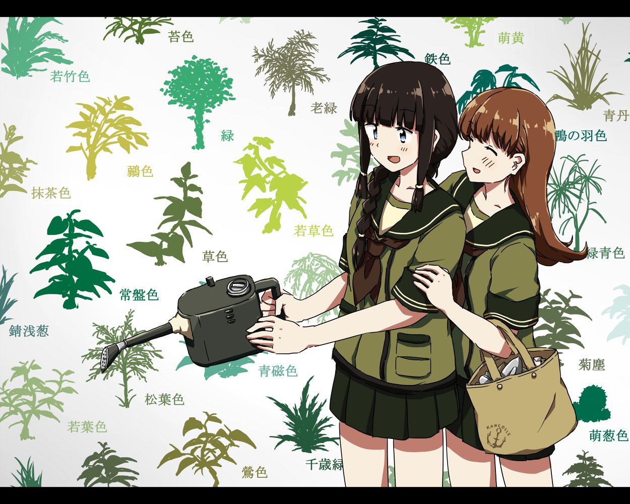 2girls :d any_(lucky_denver_mint) bangs black_hair blue_eyes blunt_bangs braid brown_hair commentary eyebrows_visible_through_hair green_skirt hime_cut kantai_collection kitakami_(kantai_collection) long_hair multiple_girls ooi_(kantai_collection) open_mouth pleated_skirt school_uniform serafuku short_sleeves sidelocks single_braid skirt smile translation_request