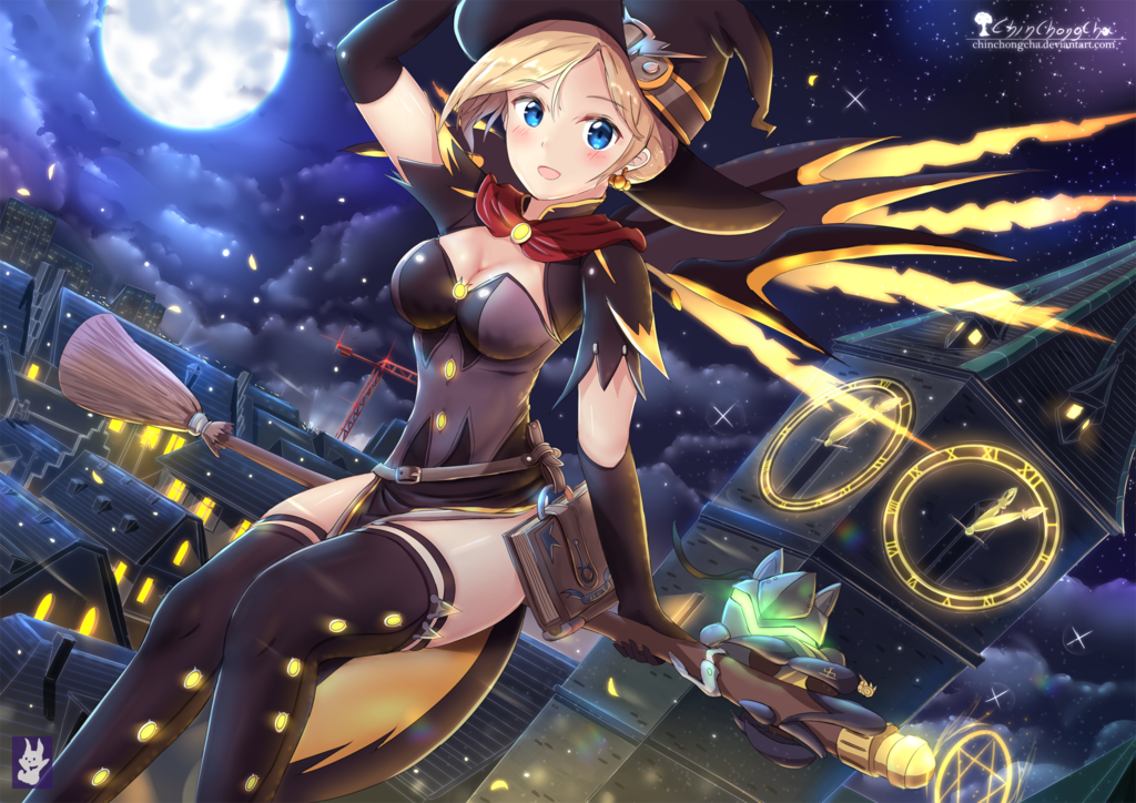 1girl :d alternate_costume arm_at_side artist_name bangs blonde_hair blue_eyes blush book breasts brooch broom broom_riding brown_gloves brown_hat brown_legwear building capelet chinchongcha cleavage clock clock_tower clouds cloudy_sky commentary cowboy_shot deviantart_username dress earrings elbow_gloves eyelashes flying full_moon gloves halloween halloween_costume hand_on_headwear hand_up hat hat_belt house jack-o'-lantern jack-o'-lantern_earrings jewelry looking_at_viewer mechanical_wings medium_breasts mercy_(overwatch) moon night night_sky open_mouth outdoors overwatch pelvic_curtain short_hair short_sleeves sidesaddle sitting sky smile solo spread_wings star_(sky) starry_sky thigh-highs tower watermark web_address wings witch witch_hat witch_mercy yellow_wings