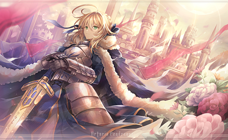 1girl ahoge armor armored_dress artoria_pendragon_(all) blonde_hair cape castle excalibur fate/grand_order fate/stay_night fate_(series) flag flower gauntlets green_eyes saber solo sword weapon yunohito