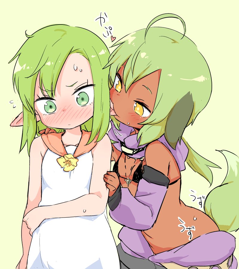 2girls ahoge animal_ears bikini_top biting black_bikini_top blush collared_dress commentary dark_skin detached_sleeves dress ear_biting ear_blush flower green_eyes green_hair hand_on_another's_shoulder long_hair multiple_girls nezumi_inu nose_blush original pointy_ears sketch sleeveless sleeveless_dress sweat tail titi-chan_(nezumi_inu) translated white_dress yellow_eyes yuri