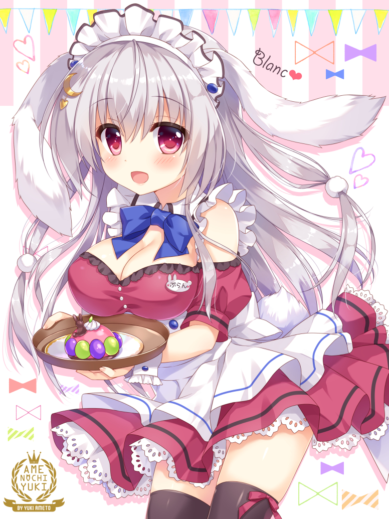 1girl :d ameto_yuki animal_ears apron bangs bare_shoulders black_legwear blush breasts circle_name cleavage crescent crescent_hair_ornament detached_collar dress eyebrows_visible_through_hair frilled_apron frills hair_between_eyes hair_ornament heart holding holding_tray large_breasts long_hair looking_at_viewer maid maid_headdress open_mouth original pennant purple_dress rabbit_ears sidelocks silver_hair smile solo striped tareme thigh-highs tray vertical-striped_background vertical_stripes violet_eyes waist_apron