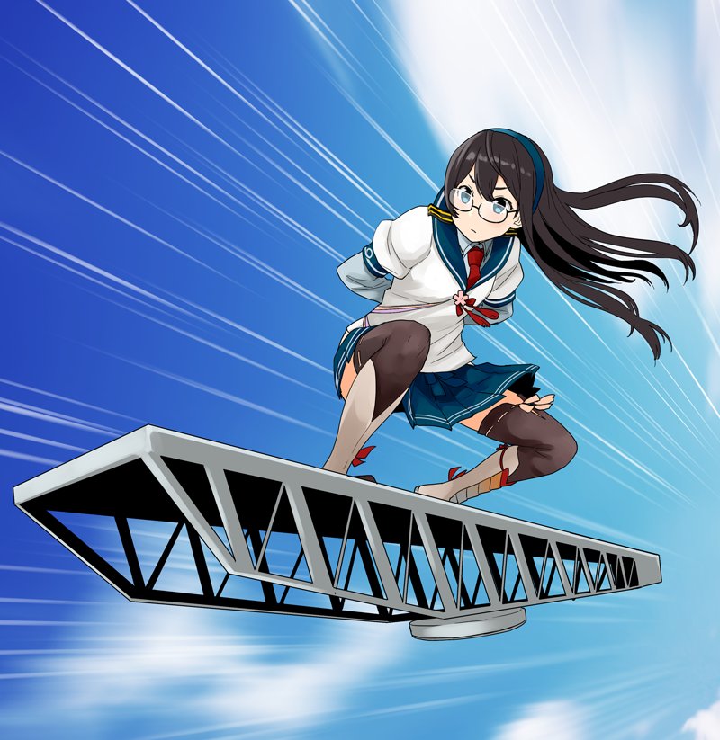 arms_behind_back black_hair blue_sky boots commentary_request dragon_ball glasses green_eyes kantai_collection long_hair motion_lines ooyodo_(kantai_collection) parody pleated_skirt shirt skirt sky solo surfing tao_pai_pai thigh-highs watanore