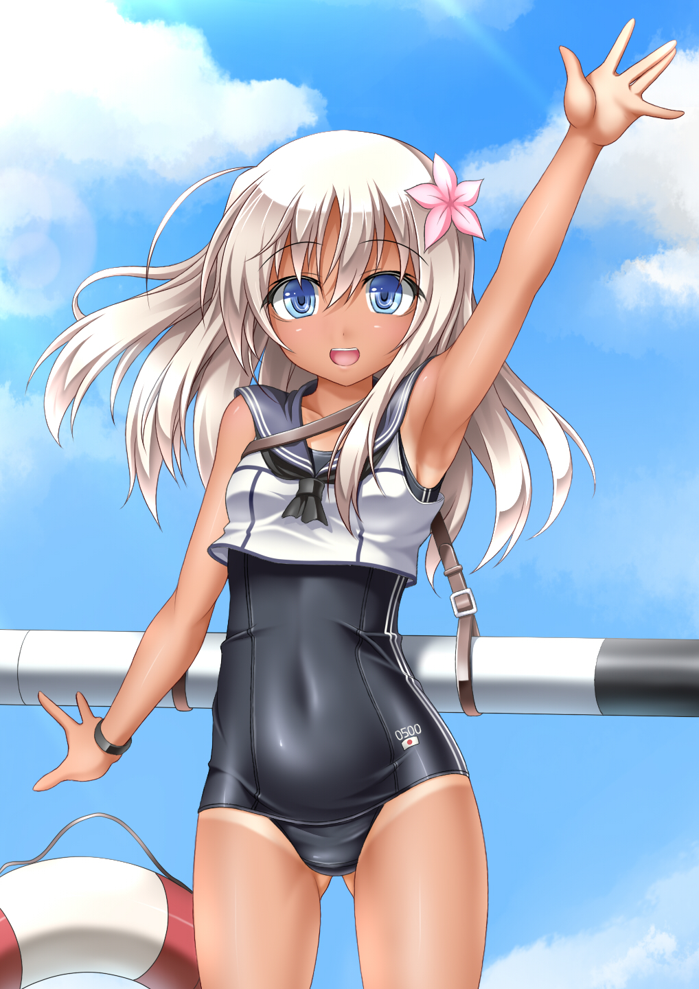 1girl armpits black_swimsuit blonde_hair blue_eyes blue_sky bracelet character_name clouds cowboy_shot crop_top flower hair_flower hair_ornament highres japanese_flag jewelry kantai_collection lifebuoy looking_at_viewer one-piece_swimsuit one-piece_tan ro-500_(kantai_collection) roura sailor_collar school_swimsuit shiny shiny_clothes sky solo swimsuit swimsuit_under_clothes tan tanline torpedo waving