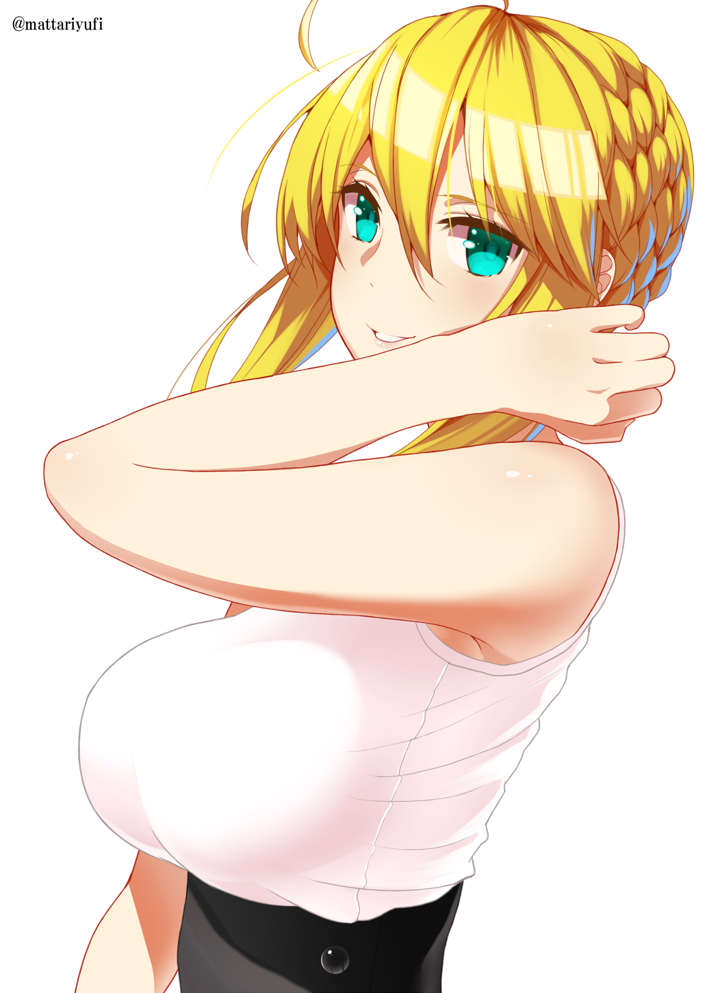 1girl ahoge artoria_pendragon_(all) artoria_pendragon_(lancer) blonde_hair blue_eyes breasts commentary_request fate/grand_order fate_(series) hair_up hand_in_hair highres large_breasts looking_at_viewer mattari_yufi parted_lips shirt sidelocks sleeveless sleeveless_shirt smile solo twitter_username upper_body white_background