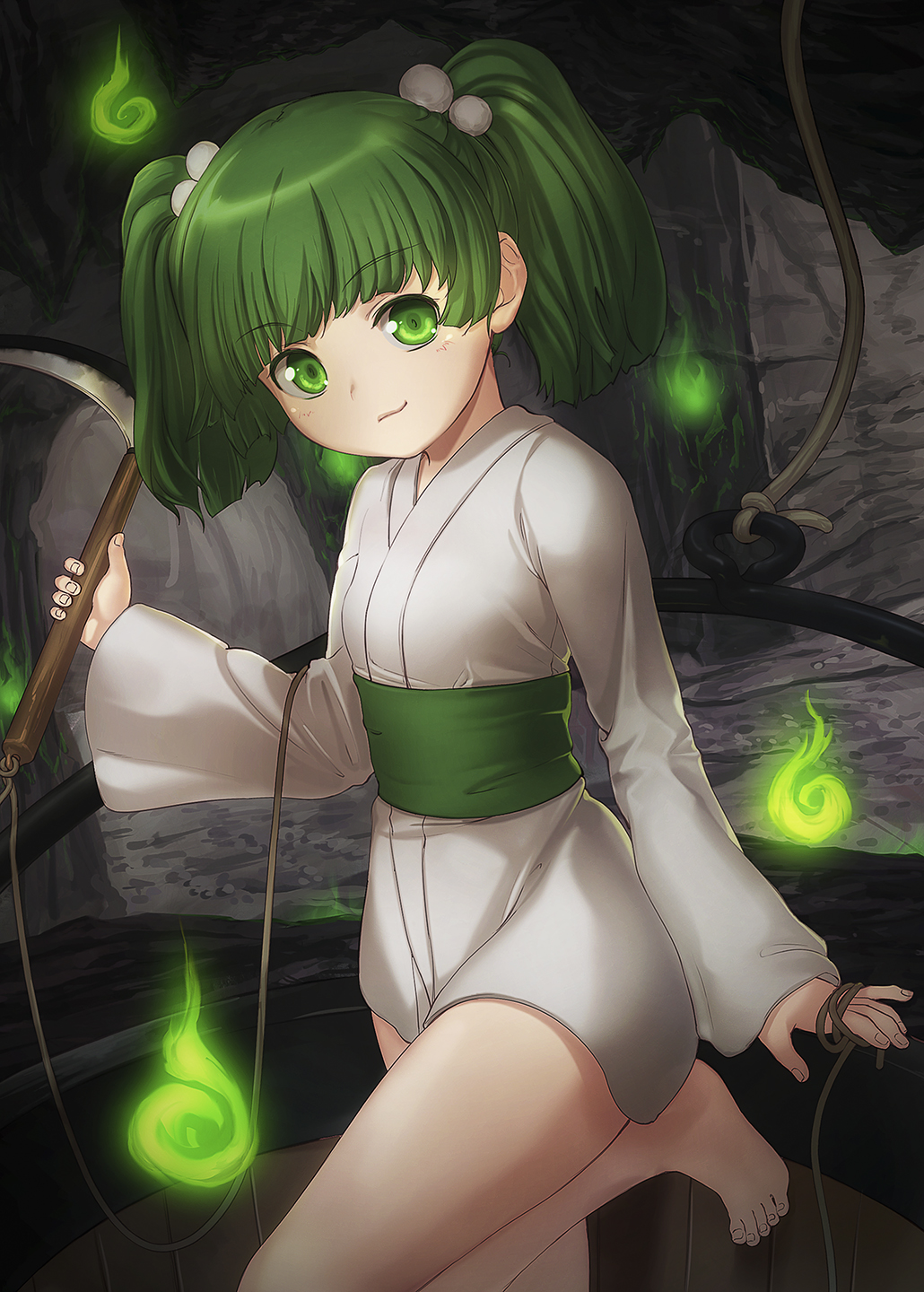 1girl bangs bare_legs barefoot bucket cave eyebrows_visible_through_hair green_eyes green_hair hair_bobbles hair_ornament highres hitodama holding japanese_clothes kisume long_sleeves looking_at_viewer mikami_yuuki_(nl8you) sash sickle smile solo standing standing_on_one_leg touhou two_side_up