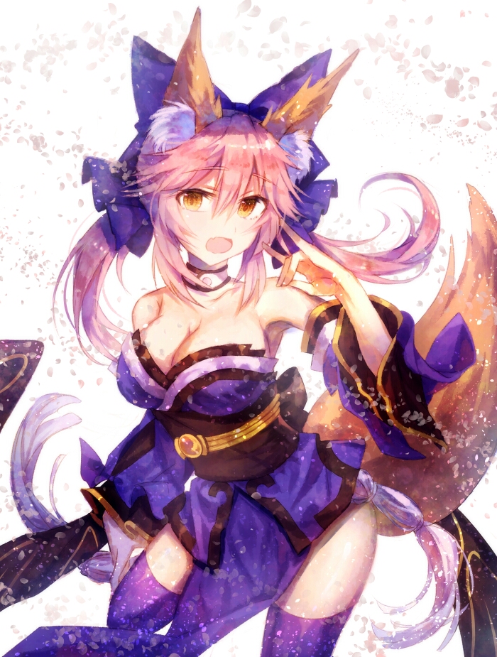 1girl animal_ears bare_shoulders blue_legwear breasts cleavage collarbone deep_(deep4946) fate/extra fate/extra_ccc fate/grand_order fate_(series) fox_ears fox_shadow_puppet fox_tail hair_ornament hair_ribbon japanese_clothes large_breasts looking_at_viewer open_mouth petals pink_hair ribbon simple_background solo tail tamamo_(fate)_(all) tamamo_no_mae_(fate) white_background yellow_eyes