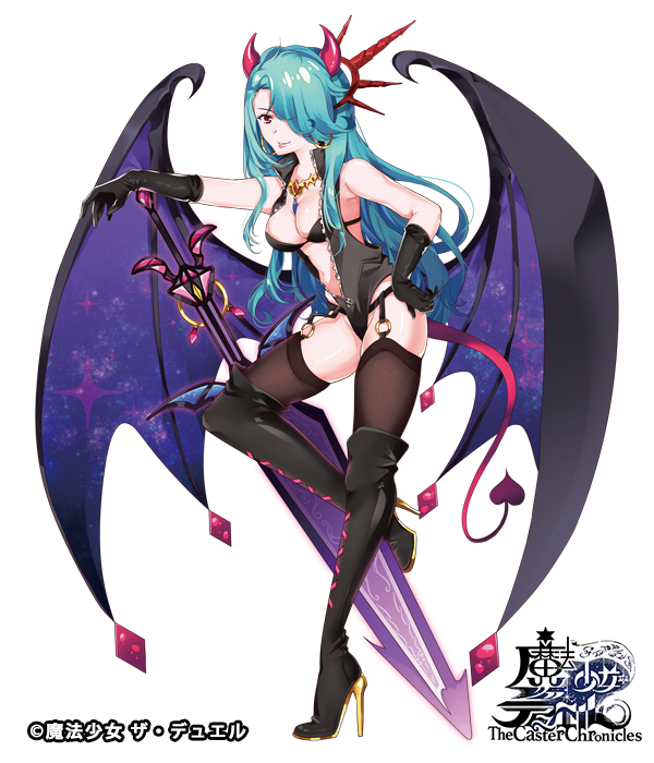 aqua_hair black_footwear black_gloves black_legwear breasts copyright_name demon_horns demon_tail demon_wings fujishiro_kokoa full_body garter_straps gloves groin hair_over_one_eye hand_on_hip high_heel_boots high_heels horns jewelry long_hair looking_at_viewer medium_breasts necklace o-ring official_art original standing standing_on_one_leg sword tail the_caster_chronicles thigh_boots weapon wings