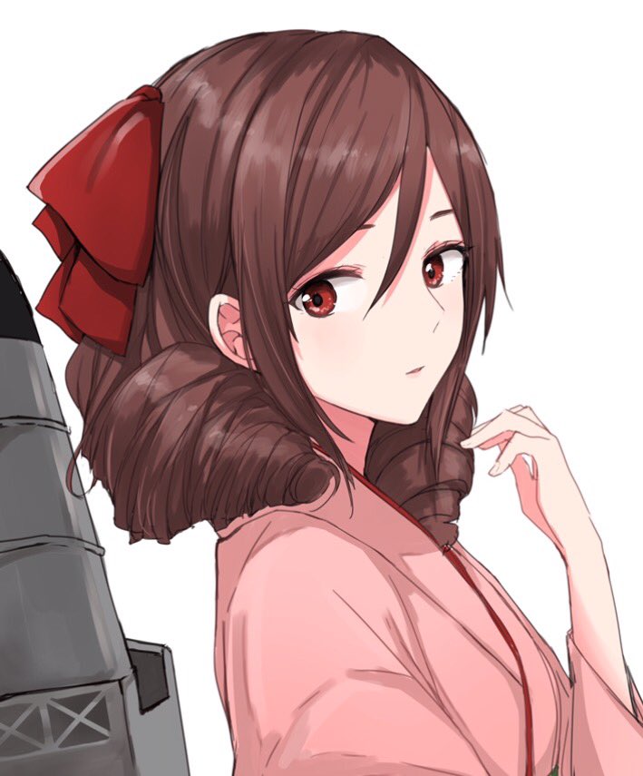 1girl bow brown_hair commentary drill_hair hair_bow hair_ribbon harukaze_(kantai_collection) japanese_clothes jpeg_artifacts kantai_collection kimono meiji_schoolgirl_uniform morinaga_(harumori) pink_kimono red_bow red_eyes red_ribbon ribbon sidelocks simple_background solo twin_drills white_background