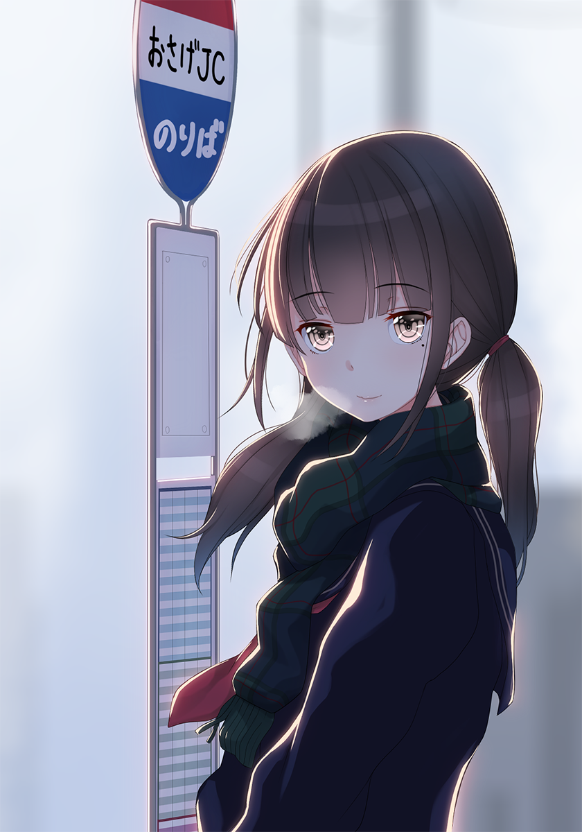 1girl bangs blunt_bangs blush breath brown_eyes brown_hair closed_mouth day eyebrows_visible_through_hair from_side green_scarf highres kiyomin light_smile long_hair looking_at_viewer low_twintails mole mole_under_eye original outdoors scarf school_uniform serafuku sign tsurime twintails