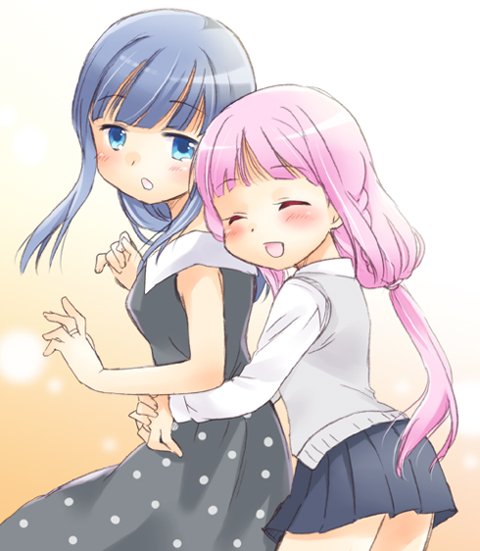 2girls bangs blue_eyes blue_hair dress hug hug_from_behind long_hair magia_record:_mahou_shoujo_madoka_magica_gaiden mahou_shoujo_madoka_magica multiple_girls nanami_yachiyo open_mouth pink_hair polka_dot polka_dot_dress smile tamaki_iroha usami_wataru yuri