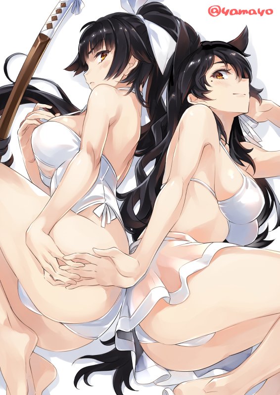 2girls animal_ears ass atago_(azur_lane) azur_lane back-to-back bikini black_hair bow breasts brown_eyes casual_one-piece_swimsuit dog_ears hair_bow hair_flaps large_breasts long_hair lying mole mole_under_eye multiple_girls on_side one-piece_swimsuit ponytail sarong simple_background super_zombie swimsuit sword takao_(azur_lane) twitter_username weapon white_background white_bikini white_bow white_swimsuit