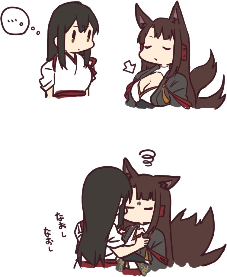 ... 2girls adjusting_clothes akagi_(azur_lane) akagi_(kantai_collection) animal_ears azur_lane bangs betchan black_hair blunt_bangs breasts brown_hair cleavage cleavage_cutout commentary_request crossover eyebrows_visible_through_hair fox_ears fox_tail frown japanese_clothes kantai_collection kimono multiple_girls namesake simple_background spoken_ellipsis squiggle straight_hair tail tasuki translated upper_body white_background white_kimono