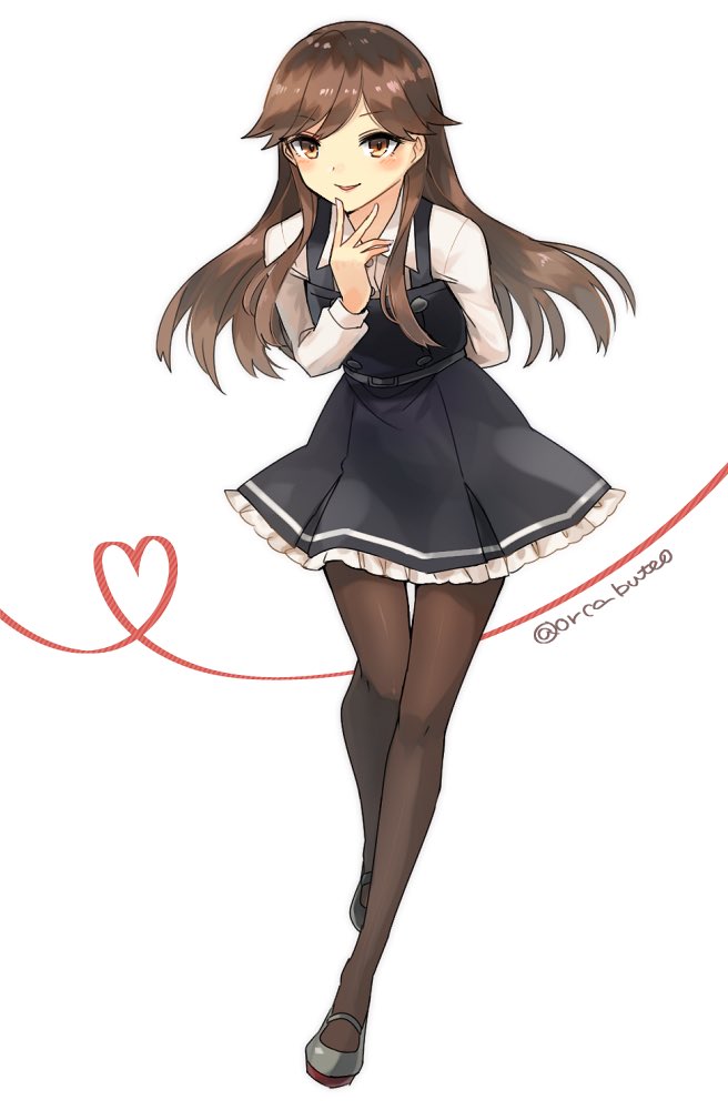 1girl arashio_(kantai_collection) black_legwear brown_eyes brown_hair dress frilled_dress frills full_body heart kantai_collection leaning_forward long_hair long_sleeves looking_at_viewer pantyhose pinafore_dress ribbon simple_background solo twitter_username white_background yamashiki_(orca_buteo)