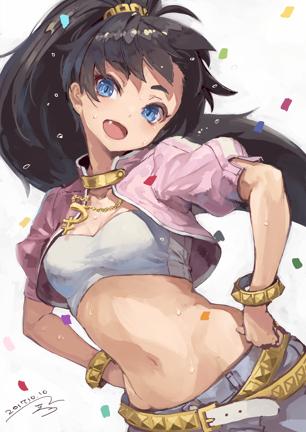 1girl belt black_hair blue_eyes bracelet breasts commentary_request crop_top cropped_jacket dated denim denim_shorts fang floating_hair flying_sweatdrops ganaha_hibiki hair_ornament hands_on_hips head_tilt high_ponytail highres idolmaster jewelry long_hair looking_at_viewer midriff navel necklace open_mouth pink_jacket ponytail shorts simple_background small_breasts solo suzuno_(bookshelf) sweat