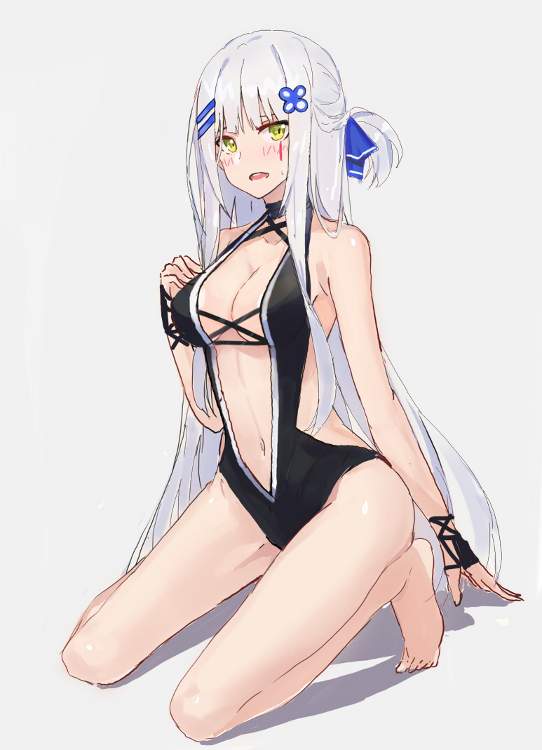 1girl :o alternate_costume arm_at_side backless_outfit bangs bare_arms bare_legs bare_shoulders barefoot black_swimsuit blue_ribbon blunt_bangs breasts casual_one-piece_swimsuit center_opening cleavage collarbone echj full_body girls_frontline green_eyes hair_ornament hair_ribbon hairclip hand_on_own_chest hk416_(girls_frontline) kneeling long_hair looking_at_viewer medium_breasts navel one-piece_swimsuit one_side_up open_mouth ribbon silver_hair sketch solo stomach swimsuit very_long_hair