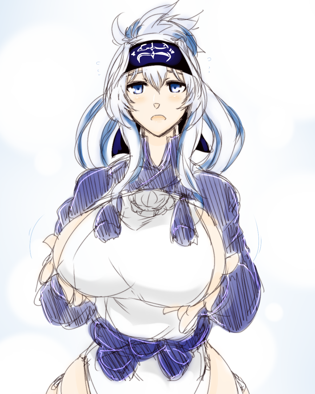 1girl ainu ainu_clothes blue_eyes blue_hair blush breasts cropped_jacket dress folded_ponytail headband highres kamoi_(kantai_collection) kantai_collection karakure_(kamo-nanban) large_breasts long_hair long_sleeves looking_at_viewer multicolored_hair open_mouth sideboob sidelocks sleeveless sleeveless_dress solo white_hair