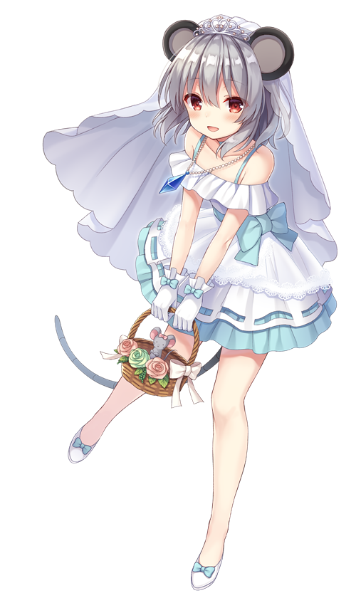 1girl :d alternate_costume animal_ears bangs bare_legs basket blue_bow blush bow brown_eyes dress eyebrows_visible_through_hair flower gloves grey_hair hair_between_eyes holding holding_basket jewelry long_hair looking_at_viewer mouse mouse_ears nagisa3710 nazrin necklace open_mouth rose shoe_bow shoes short_hair simple_background smile standing tail tiara touhou veil white_background white_footwear white_gloves