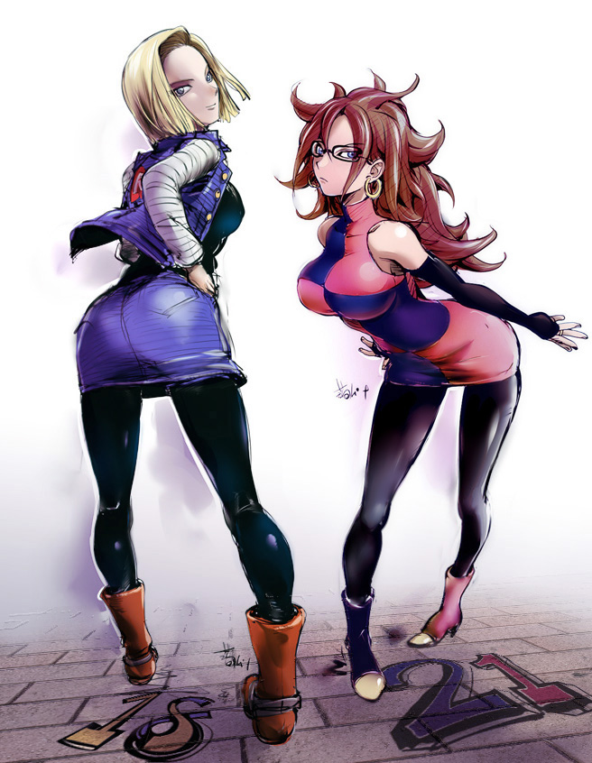 1girl 2girls android android_18 android_21 ass bare_shoulders black-framed_eyewear blonde_hair blue_eyes breasts brown_hair curly_hair detached_sleeves dragon_ball dragon_ball_fighterz dragonball_z dress earrings full_body glasses hoop_earrings jewelry konkitto long_hair looking_at_viewer medium_breasts multiple_girls nail_polish pantyhose redhead short_hair