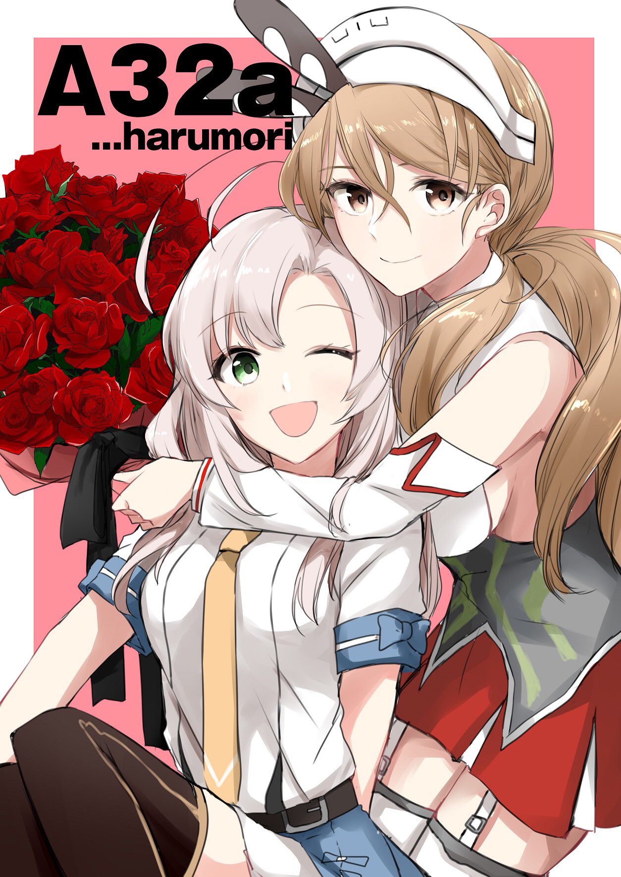 2girls ;d belt black_ribbon bouquet brown_eyes brown_hair circle_name commentary_request flower garter_straps green_eyes highres hug jpeg_artifacts kantai_collection kinugasa_(kantai_collection) littorio_(kantai_collection) long_hair morinaga_(harumori) multiple_girls necktie one_eye_closed open_mouth pink_background ribbon rose silver_hair smile thigh-highs yellow_neckwear