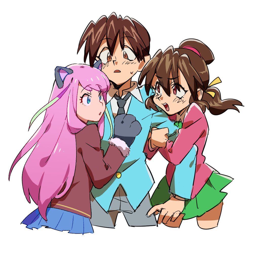 1boy 2girls 90s animal_ears blue_suit brown_eyes brown_hair cat_ears cat_tail clinging cowboy_shot formal girl_sandwich gloves green_skirt grey_pants hashimoto_nyaa kotobuki_tsukasa_(style) long_hair matsuno_choromatsu multicolored_hair multiple_girls noruberusu open_mouth osomatsu-kun osomatsu-san pants paw_gloves paws personality_switch pink_eyes pink_shirt pleated_skirt sandwiched school_uniform shirt simple_background skirt streaked_hair suit sweatdrop tail white_background yowai_totoko