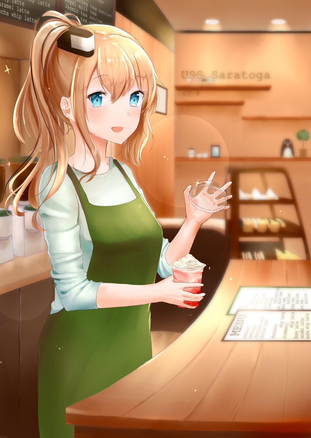 alternate_costume apron blue_eyes blush cafe character_name coffee countertop cup display_case eyebrows_visible_through_hair eyes_visible_through_hair hair_between_eyes highres holding holding_cup kantai_collection long_hair looking_at_viewer niko_(aiai03012) open_mouth pink_hair saratoga_(kantai_collection) smokestack_hair_ornament