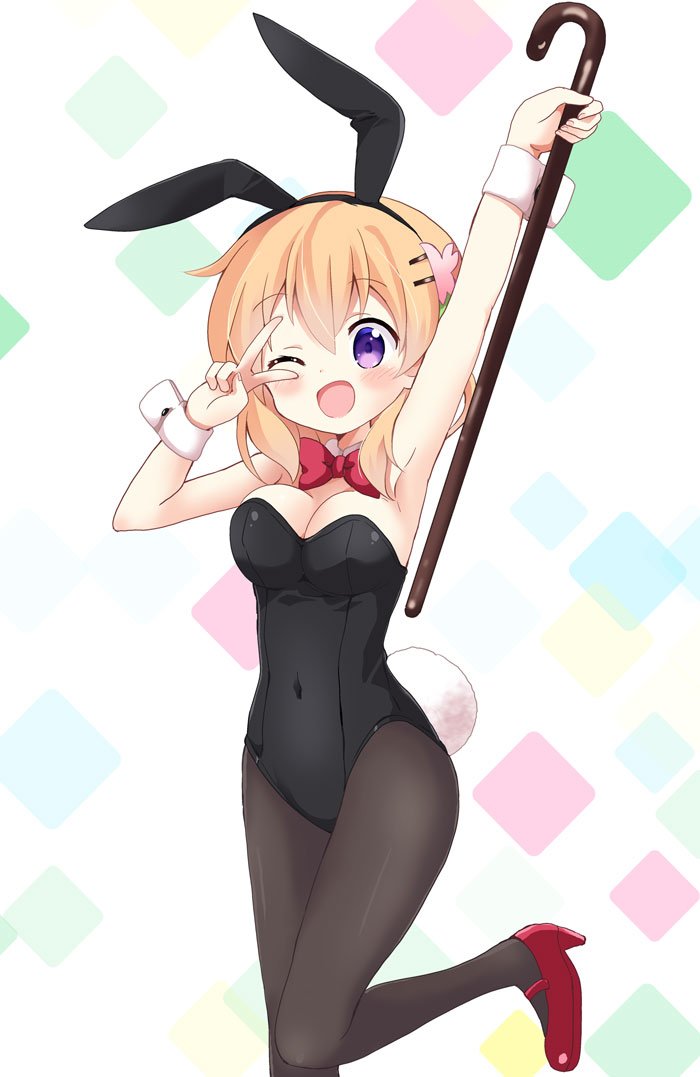 1girl ;d animal_ears arm_up armpits bangs black_legwear black_leotard blush bow bowtie breasts bunny_day bunny_girl bunny_tail bunnysuit cane cleavage commentary_request detached_collar eyebrows_visible_through_hair fake_animal_ears gochuumon_wa_usagi_desu_ka? hair_ornament hairclip high_heels holding hoto_cocoa leotard looking_at_viewer massala medium_breasts multicolored multicolored_background one_eye_closed open_mouth orange_hair pantyhose rabbit_ears red_footwear red_neckwear short_hair smile solo standing standing_on_one_leg tail v_over_eye violet_eyes wrist_cuffs