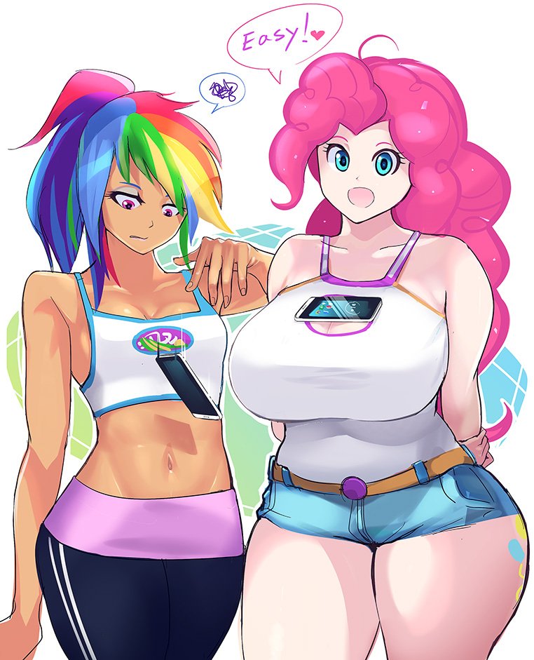 2girls :d alternate_costume annoyed arms_behind_back bare_shoulders blue_eyes breasts cellphone cleavage cleavage_cutout commentary_request curly_hair dark_skin english huge_breasts long_hair looking_at_viewer midriff multicolored_hair multiple_girls my_little_pony my_little_pony_friendship_is_magic navel open_mouth pants phone pink_eyes pink_hair pinkie_pie ponytail rainbow_dash senria short_shorts shorts small_breasts smartphone smile tattoo tawawa_challenge yoga_pants