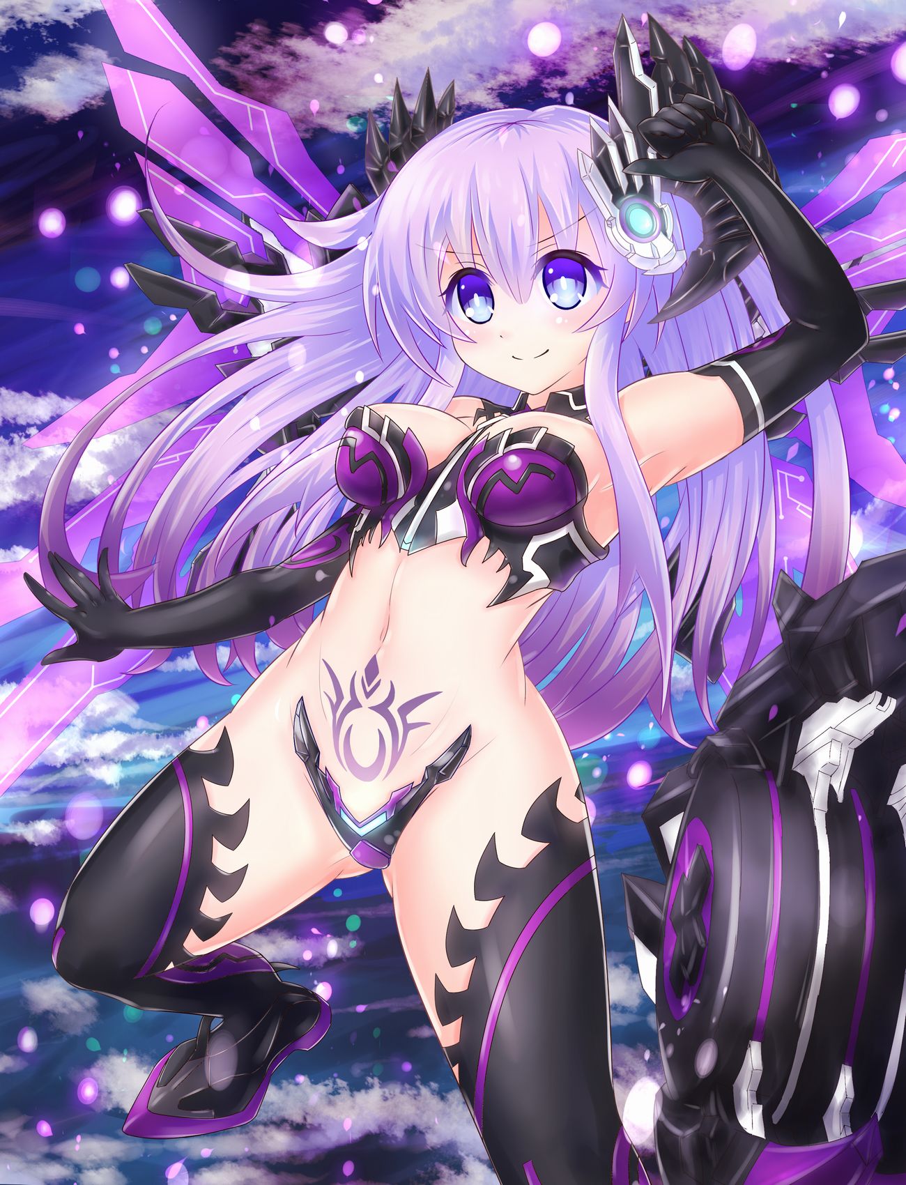 1girl bare_shoulders blue_eyes breasts bustier cleavage commentary_request cowboy_shot crotch_plate elbow_gloves gloves hair_ornament highres kazuneko_(wktk1024) long_hair mechanical_wings medium_breasts midriff navel nepgear nepnep_connect:_chaos_chanpuru neptune_(series) outdoors pubic_tattoo purple_hair purple_sister purple_sister_(chaos_form) revealing_clothes smile solo stomach symbol-shaped_pupils tattoo thigh-highs wings