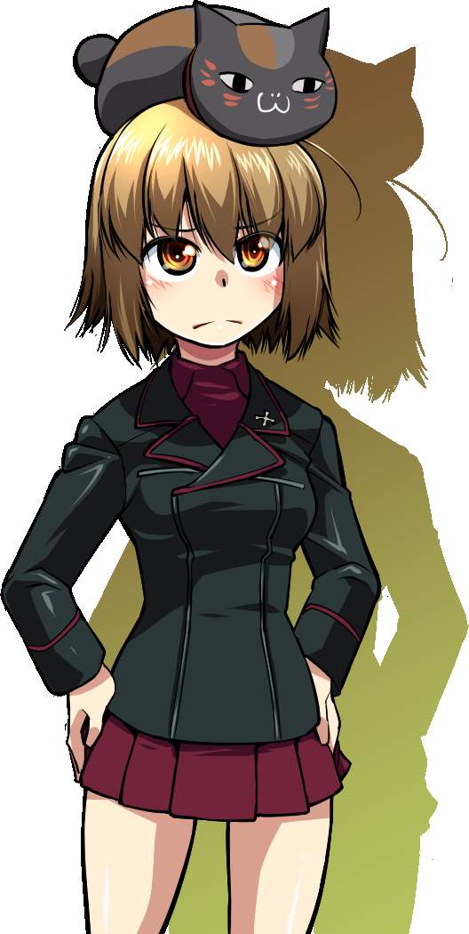 1girl animal animal_on_head bangs black_cat black_jacket cat closed_mouth cowboy_shot dress_shirt eyebrows_visible_through_hair frown girls_und_panzer hands_on_hips jacket kuromorimine_military_uniform long_sleeves looking_up mauko_(girls_und_panzer) military military_uniform miniskirt no_hat no_headwear on_head pleated_skirt r-ex red_shirt red_skirt shirt short_hair silhouette simple_background skirt solo standing uniform white_background